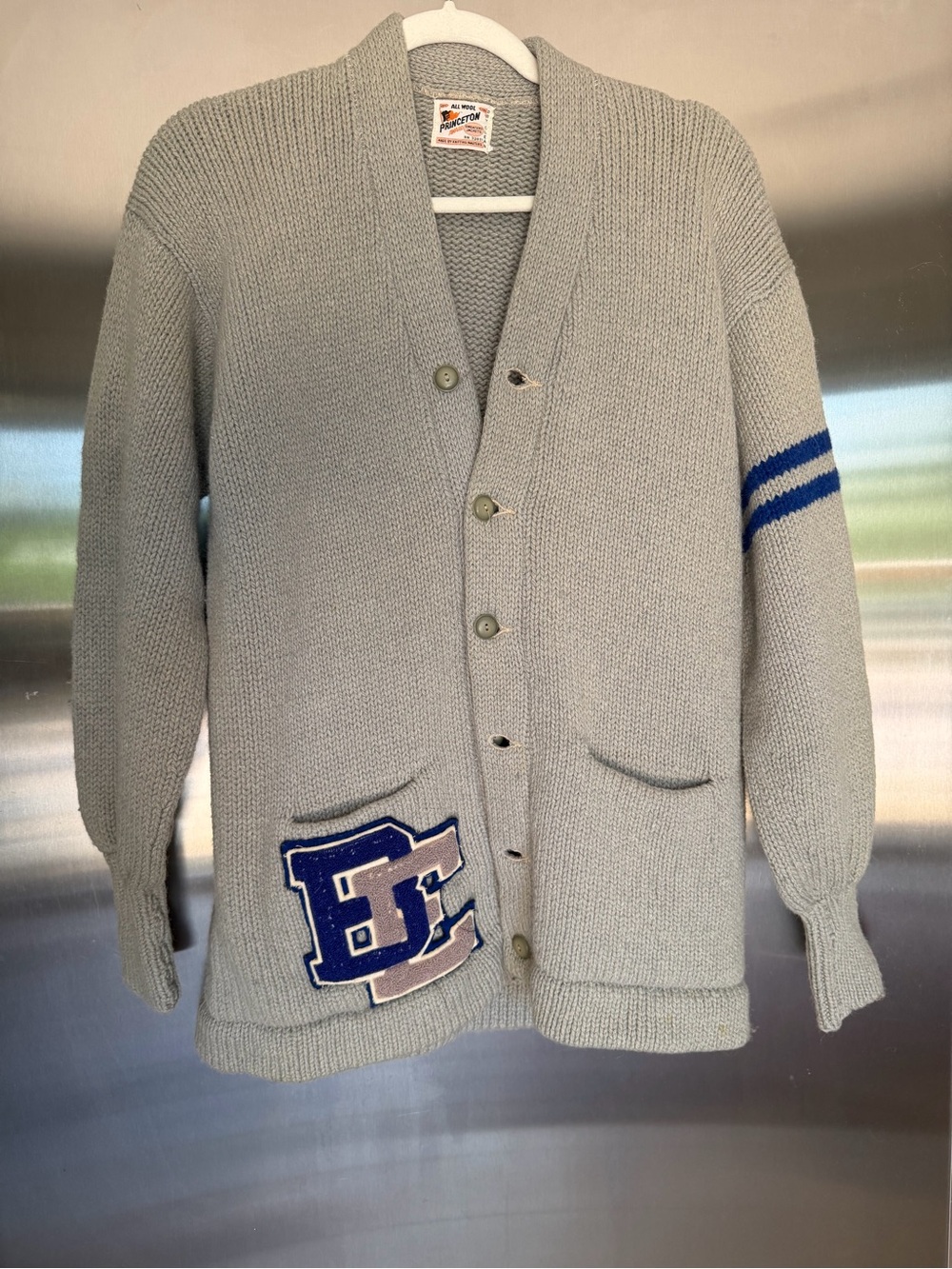 Prince Gray Letterman Collar Cardigan with Blue Stripe and BE Patch